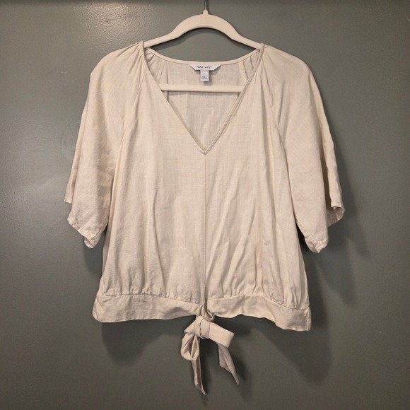 Nine West Tops - Nine West‎ Women's Cream Linen Blend Half Sleeve Tie Front Blouse Size L Cropped